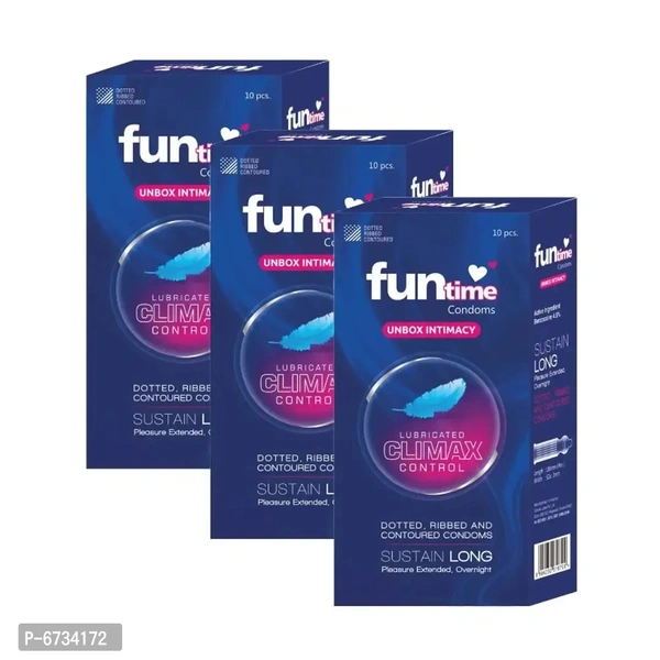 Funtime Dotted Ribbed and Contoured Long Lasting Climax Control Condoms for Men Count 10 ( Pack of 3 )