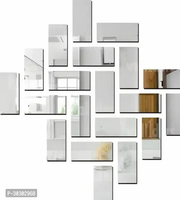 Designer 20 Rectangle Mirror Stickers For Wall, Kitchen- Silver