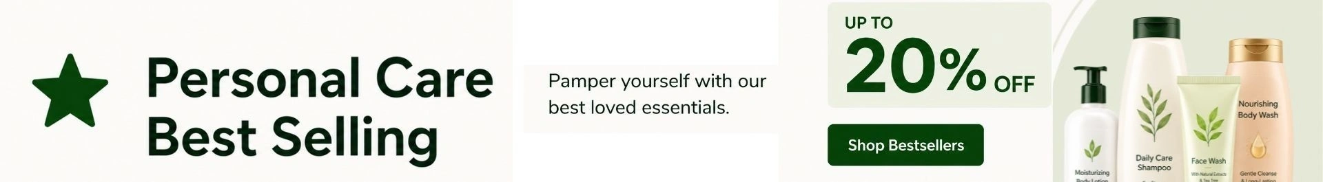 Personal Care Best Selling Banner featuring skincare, face wash, shampoo, body lotion, and body wash with up to 20 percent off offer.