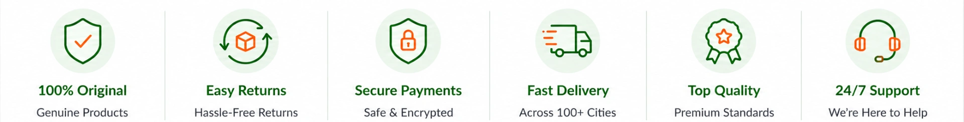 Instaecart trust banner showcasing 100% original products, easy returns, secure payments, fast delivery, premium quality standards, and 24/7 customer support.