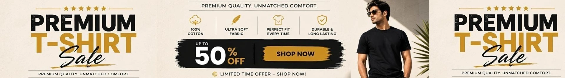 Premium t-shirt sale banner showing stylish cotton t-shirts with up to 50% discount offer