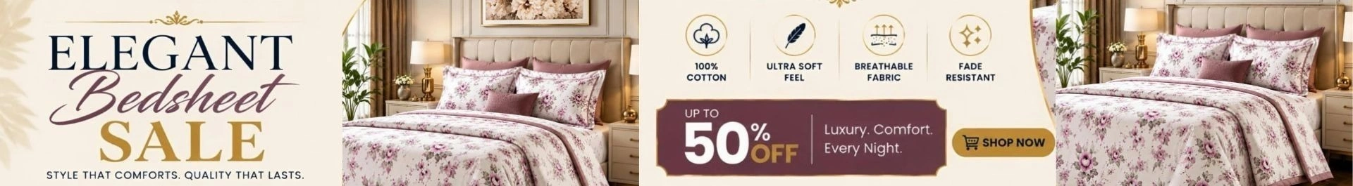 Premium bedsheet sale banner featuring soft cotton bedsheets with up to 50% discount offer for home bedding collection