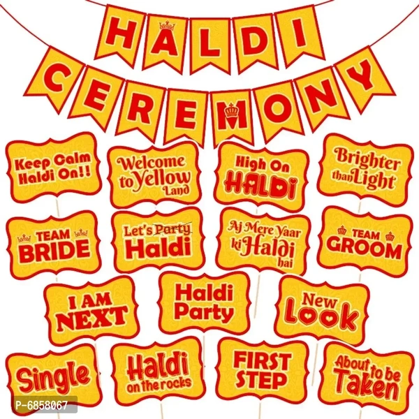 Mehendi & Haldi Ceremony Props – 15 Photo Props + 1 Haldi Banner for Bride & Family
