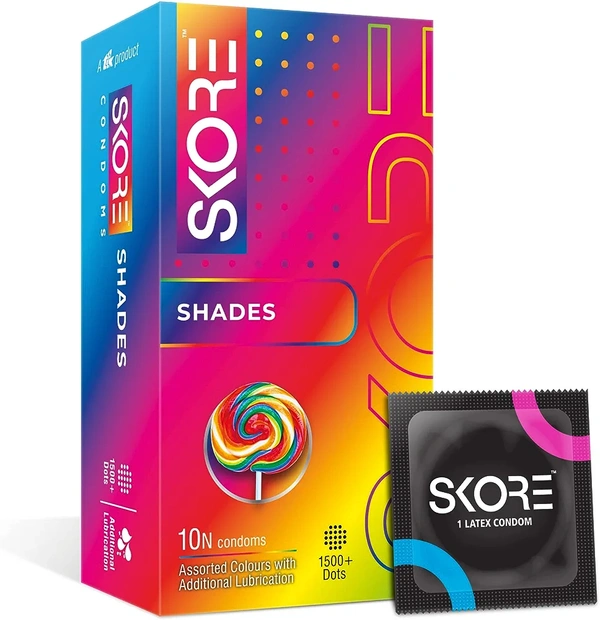 Skore Shades Assorted Colours | Extra Lubrication | Dots | Condom, 10 pieces | 1 Packs