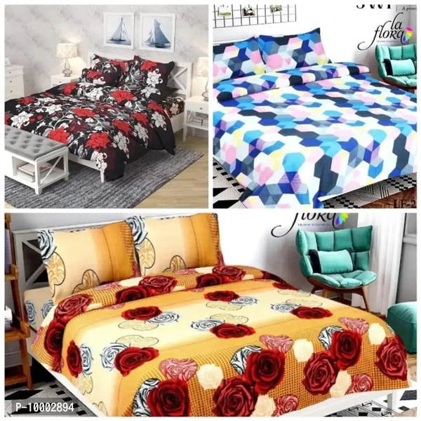 Stunning Polycotton 3d Printed Double Bedsheet Set Combo with Pillow C