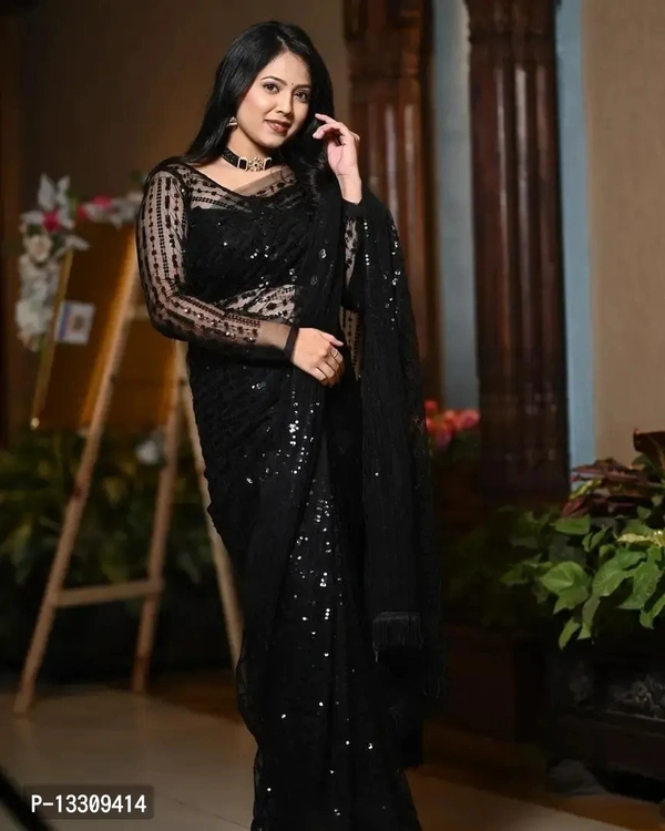 Nylon mono net Saree with 5 mm seqwance work and jalar with Blouse Pcs - Free Size