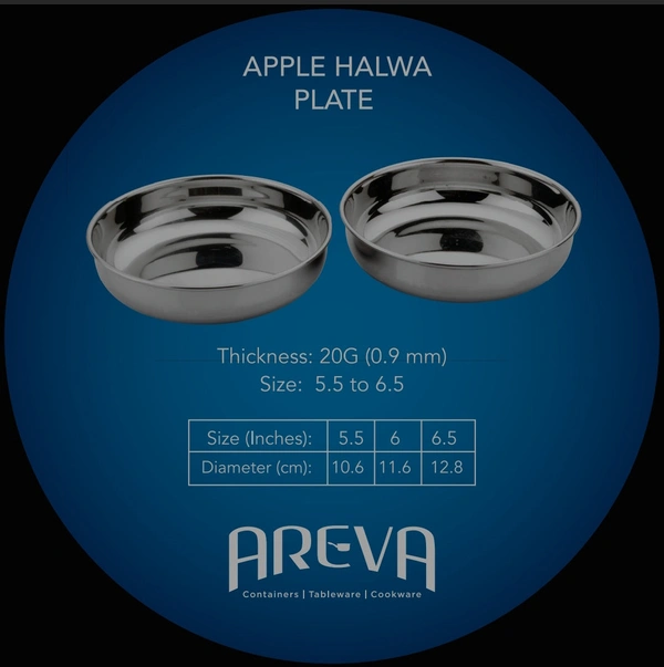 Areva Stainless Steel Apple Plate / Halwa Plate / Dessert Bowl / Plate With Mirror Finish (Set of 6) - Dia : 10.6 cms