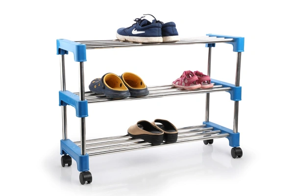 Simran Stainless Steel Multipurpose Shoe Rack | Multiutility Stand | Cloth Stand | with 4 Rotating Castor Wheels (Colour may vary as par availability) - 3 Tiers, Steel