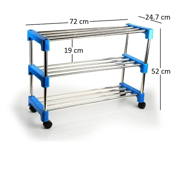 Simran Stainless Steel Multipurpose Shoe Rack | Multiutility Stand | Cloth Stand | with 4 Rotating Castor Wheels (Colour may vary as par availability) - 3 Tiers, Steel
