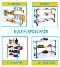 Simran Stainless Steel Multipurpose Shoe Rack | Multiutility Stand | Cloth Stand | with 4 Rotating Castor Wheels (Colour may vary as par availability) - 3 Tiers, Steel