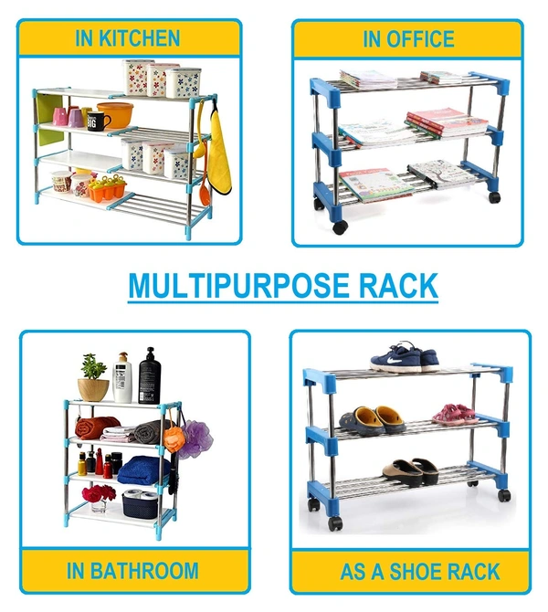 Simran Stainless Steel Multipurpose Shoe Rack | Multiutility Stand | Cloth Stand | with 4 Rotating Castor Wheels (Colour may vary as par availability) - 3 Tiers, Steel