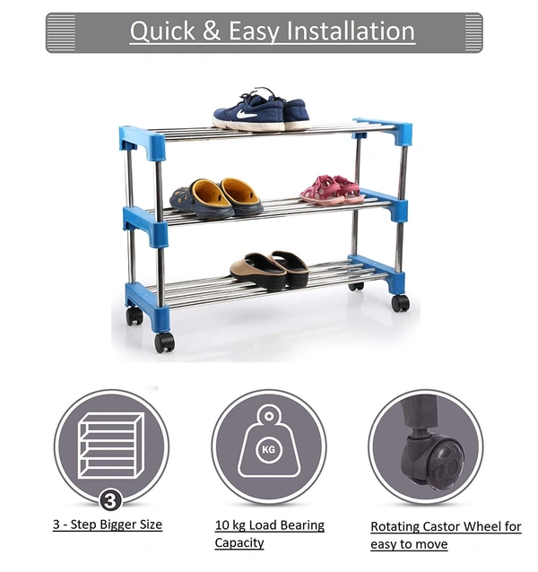 Simran Stainless Steel Multipurpose Shoe Rack | Multiutility Stand | Cloth Stand | with 4 Rotating Castor Wheels (Colour may vary as par availability) - 3 Tiers, Steel
