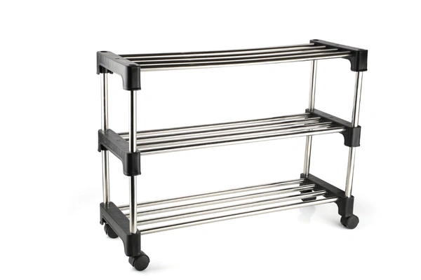 Simran Stainless Steel Multipurpose Shoe Rack | Multiutility Stand | Cloth Stand | with 4 Rotating Castor Wheels (Colour may vary as par availability) - 3 Tiers, Steel