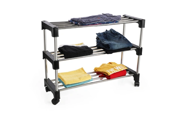Simran Stainless Steel Multipurpose Shoe Rack | Multiutility Stand | Cloth Stand | with 4 Rotating Castor Wheels (Colour may vary as par availability) - 3 Tiers, Steel