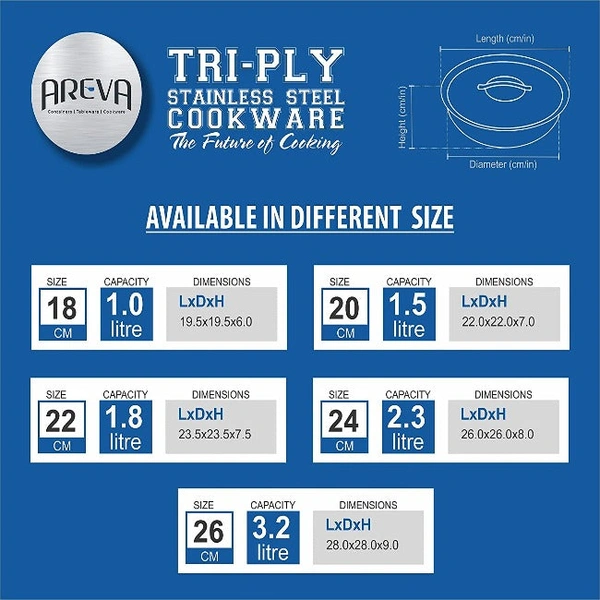 Areva Tri - Ply Stainless Steel Kadai With Handle With Lid - 26 cms (3.2 L)