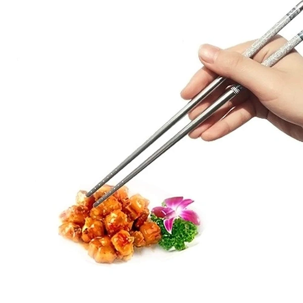 Simran Stainless Steel Designer Round Chopsticks | Non-Slip Reusable Chopsticks (2 Pairs), 22 cms -