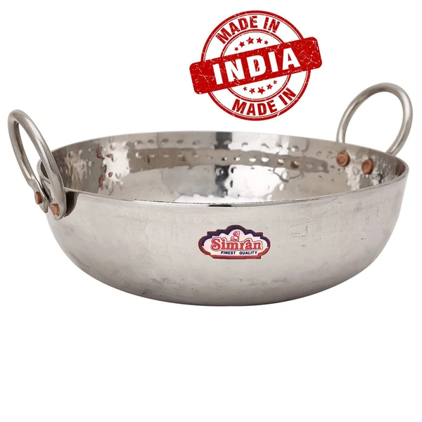SIMRAN Stainless Steel Kadai Mathar Hammered Cookware Heavy Guage ( With Handle ) - Dia : 26.5 Cms