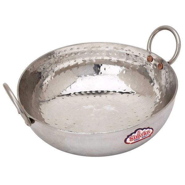 SIMRAN Stainless Steel Kadai Mathar Hammered Cookware Heavy Guage ( With Handle ) - Dia : 26.5 Cms