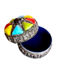Colourful Stones Metalic Finish Brass Multipurpose Storage Box - Silver, 4.5 cms Diameter