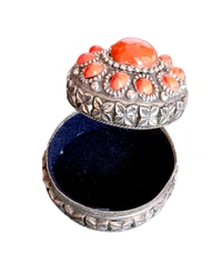 Colourful Stones Metalic Finish Brass Multipurpose Storage Box - Silver, 4.5 cms Diameter