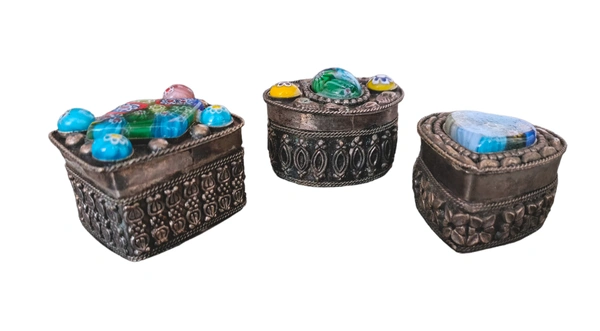 Set Of 3 Brass Multicolored Storage Box - Silver
