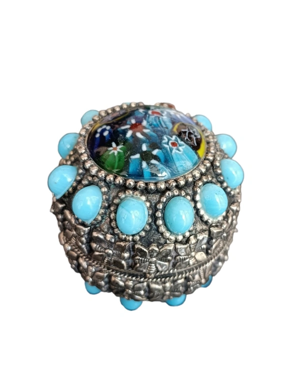 Vintage Brass Storage Dabbi Antique Collection With Blue Stones