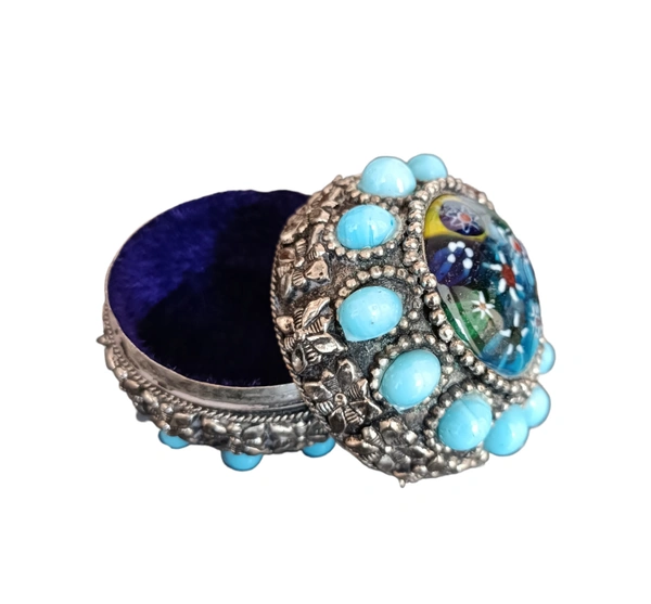 Vintage Brass Storage Dabbi Antique Collection With Blue Stones