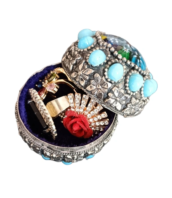 Vintage Brass Storage Dabbi Antique Collection With Blue Stones