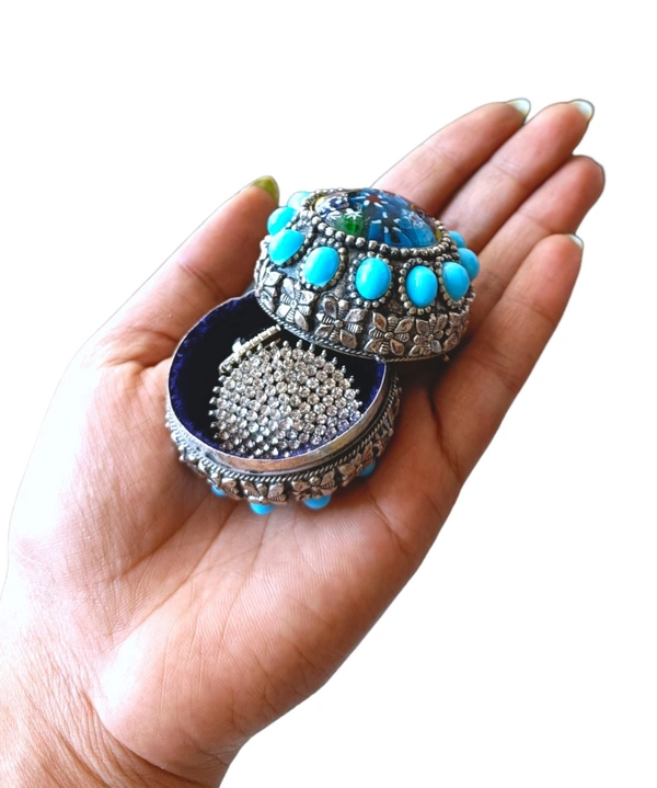 Vintage Brass Storage Dabbi Antique Collection With Blue Stones