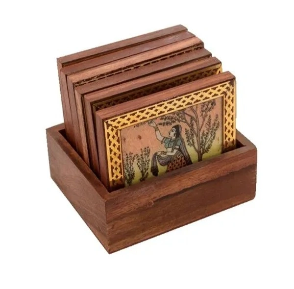 Brown Square Wooden Tea Coaster with Gemstone painting - 8.5 cms x 8.5 cms, brown