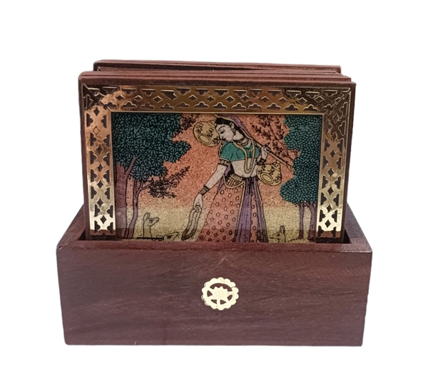 Wooden Square Tea Coaster with Gemstone painting - 8.5 cms x 8.5 cms, Brown