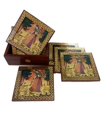 Wooden Square Tea Coaster with Gemstone painting - 8.5 cms x 8.5 cms, Brown