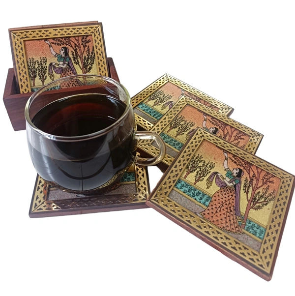 Wooden Square Tea Coaster with Gemstone painting - 8.5 cms x 8.5 cms, Brown