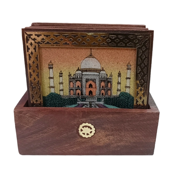 Wooden Square Tea Coaster with Gemstone painting - 8.5 cms x 8.5 cms, Brown