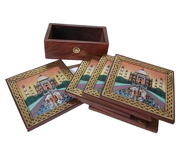 Wooden Square Tea Coaster with Gemstone painting - 8.5 cms x 8.5 cms, Brown