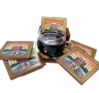 Wooden Square Tea Coaster with Gemstone painting - 8.5 cms x 8.5 cms, Brown