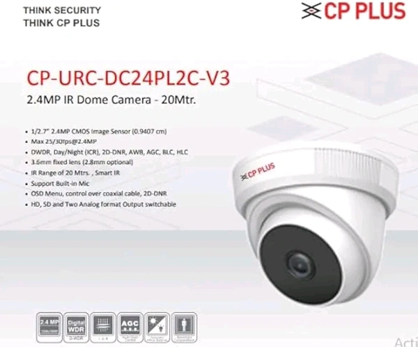 CP PLUS 2.4MP IR Dome Security Camera | Support Built-in Mic - CP-URC-DC24PL2C-V3 - White