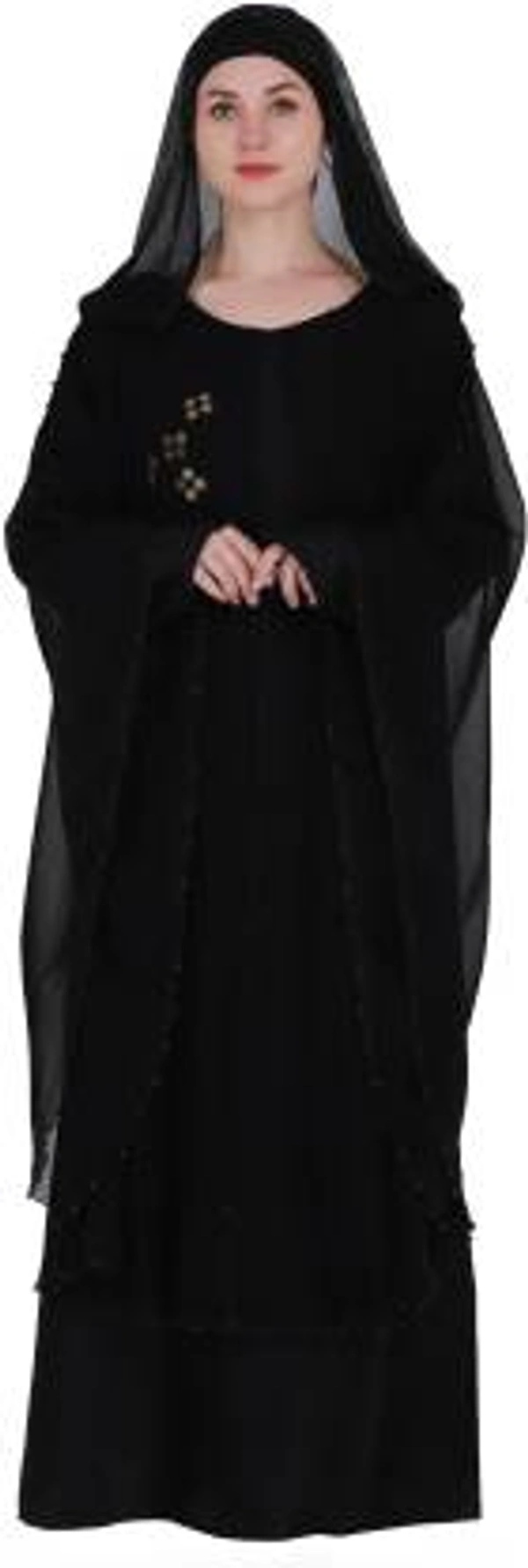 Humeira Abaya Dubai Style Moti Farasha Abaya in Black Color With Pearl Work on Front in Al Nida Fabric - 54, 300 gms