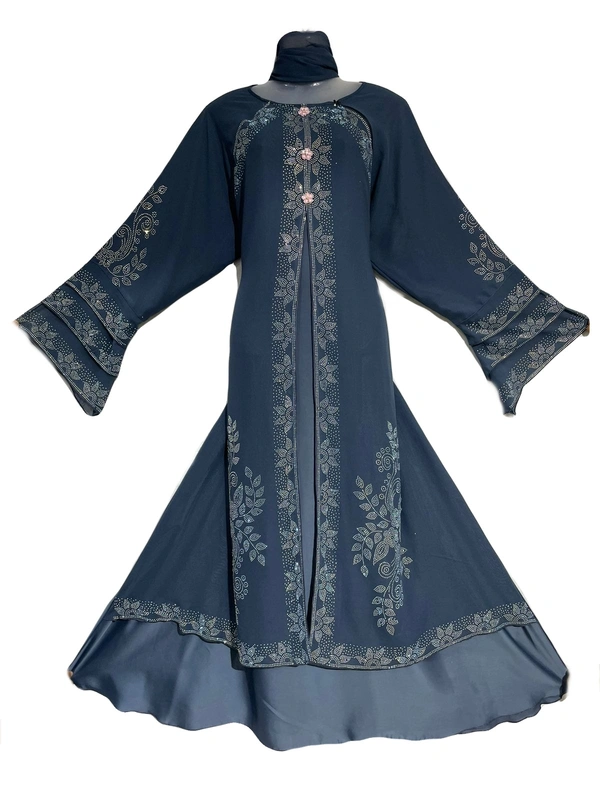 Humeira Abaya Dubai Style Front Open Shirak Abaya with 3 layer Sleeves and White Nug Work - 54, 300 gms