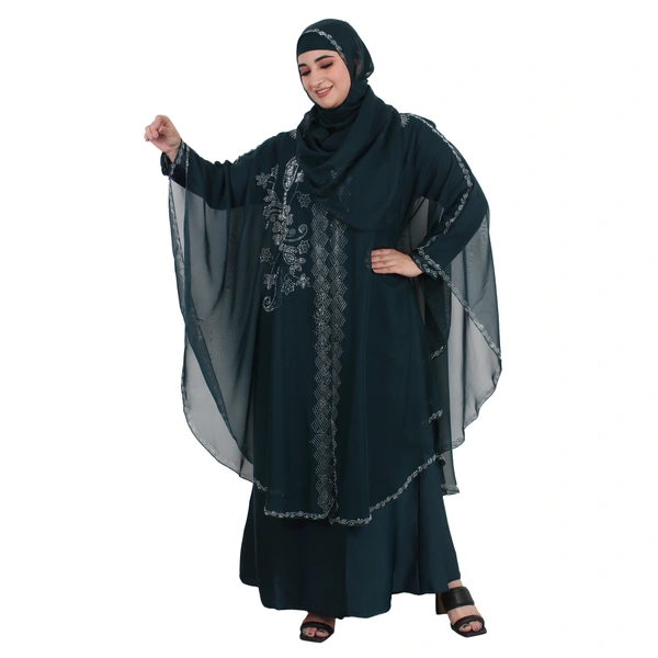 Humeira Abaya Dubai Style Side Buta Farasha in Al Nida Fabric With Beautiful Stone Work - 54, Turquoise, 300 gms