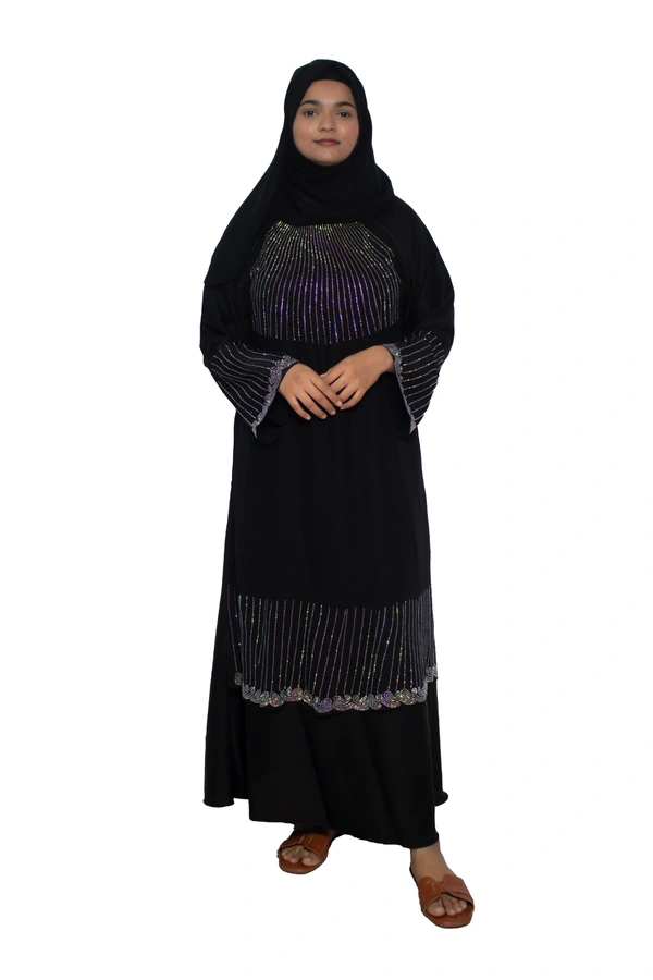 Humeira Abaya Dubai Style Stone Work Abaya Burkha in Al Nida Fabric Heavy Neck line Stone & Bottom Line Stone Black - 54, Black, 300 gms