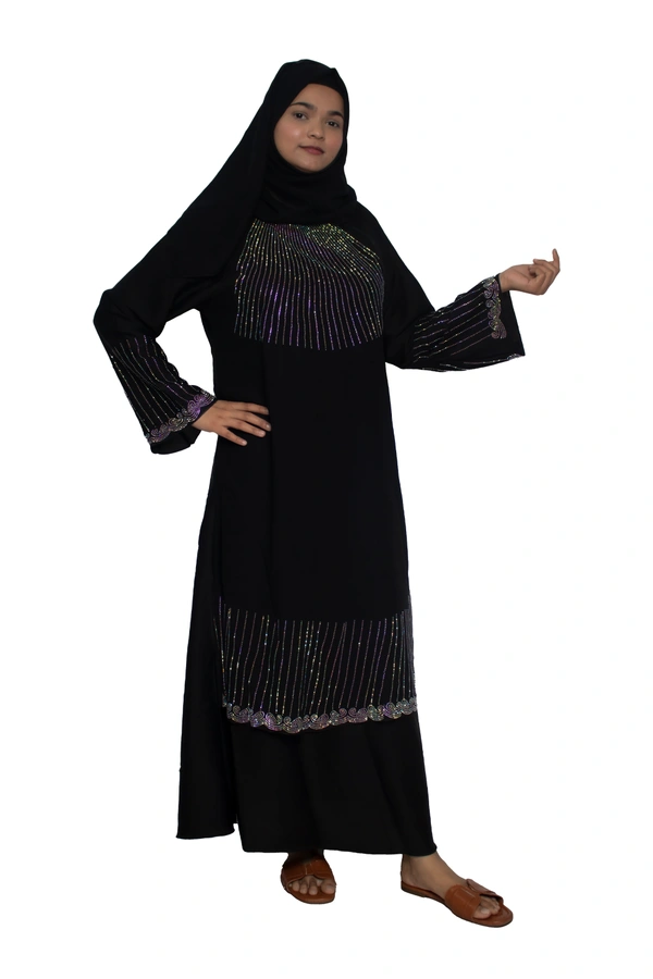 Humeira Abaya Dubai Style Stone Work Abaya Burkha in Al Nida Fabric Heavy Neck line Stone & Bottom Line Stone Black - 54, Black, 300 gms