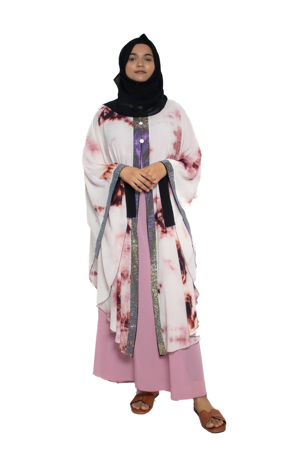 Humeira Abaya Dubai Style Stone Work Abaya Farasha in Al Nida Fabric Pink Multicolour Farasha with Stone Work Patti - 54, Pink, 300 gms