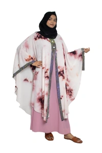 Humeira Abaya Dubai Style Stone Work Abaya Farasha in Al Nida Fabric Pink Multicolour Farasha with Stone Work Patti - 54, Pink, 300 gms