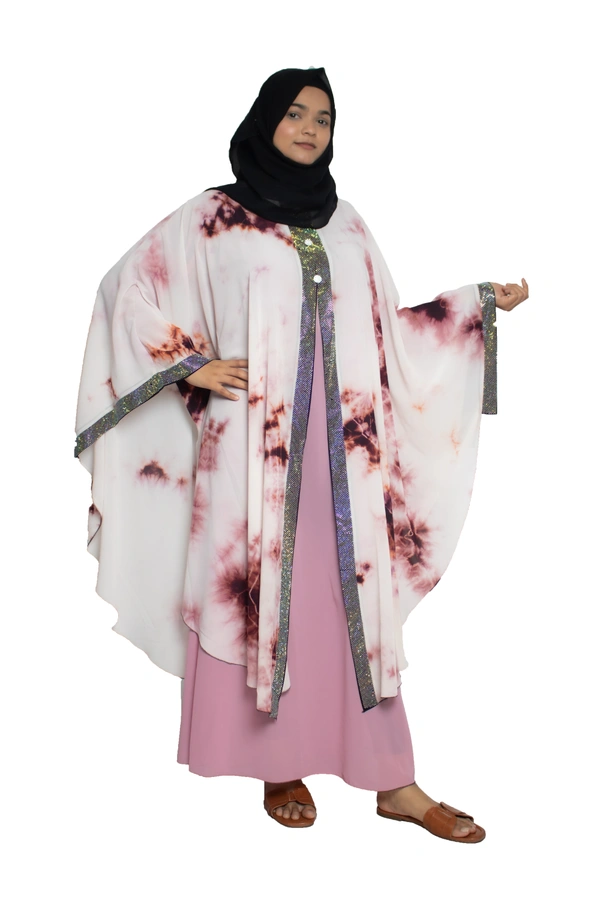Humeira Abaya Dubai Style Stone Work Abaya Farasha in Al Nida Fabric Pink Multicolour Farasha with Stone Work Patti - 54, Pink, 300 gms