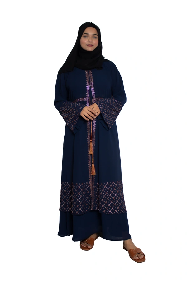 Humeira Abaya Dubai Style Stone Work Abaya Shrug in Al Nida Fabric Simple Sherwani Botton Chitta Double Abaya blue - 54, Blue, 300 gms