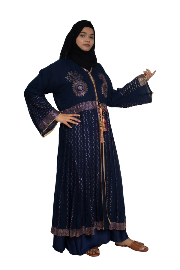 Humeira Abaya Dubai Style Stone Work Abaya Shrug in Al Nida Fabric Simple Sherwani Botton Chitta Double Abaya blue - 54, Blue, 300 gms