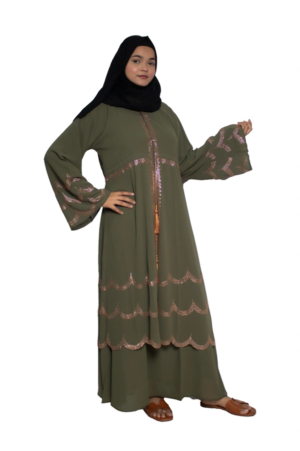 Humeira Abaya Dubai Style Stone Work Abaya Shrug in Al Nida Fabric Simple Sherwani Premium Light GreenColour Botton Triple Layer Laher - 54, Green, 300 gms