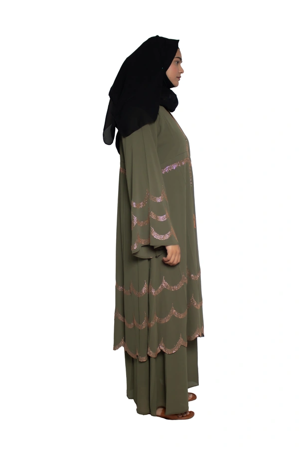 Humeira Abaya Dubai Style Stone Work Abaya Shrug in Al Nida Fabric Simple Sherwani Premium Light GreenColour Botton Triple Layer Laher - 54, Green, 300 gms