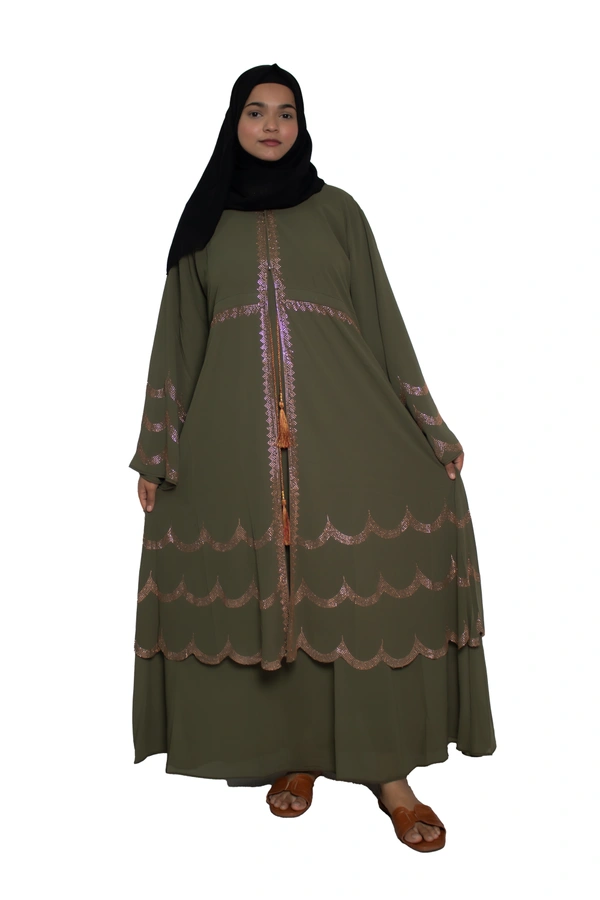Humeira Abaya Dubai Style Stone Work Abaya Shrug in Al Nida Fabric Simple Sherwani Premium Light GreenColour Botton Triple Layer Laher - 54, Green, 300 gms